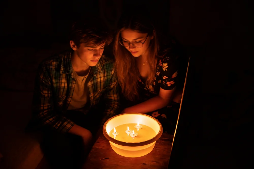 Dva lidé sledují plamínky svíček plovoucích v misce s vodou
