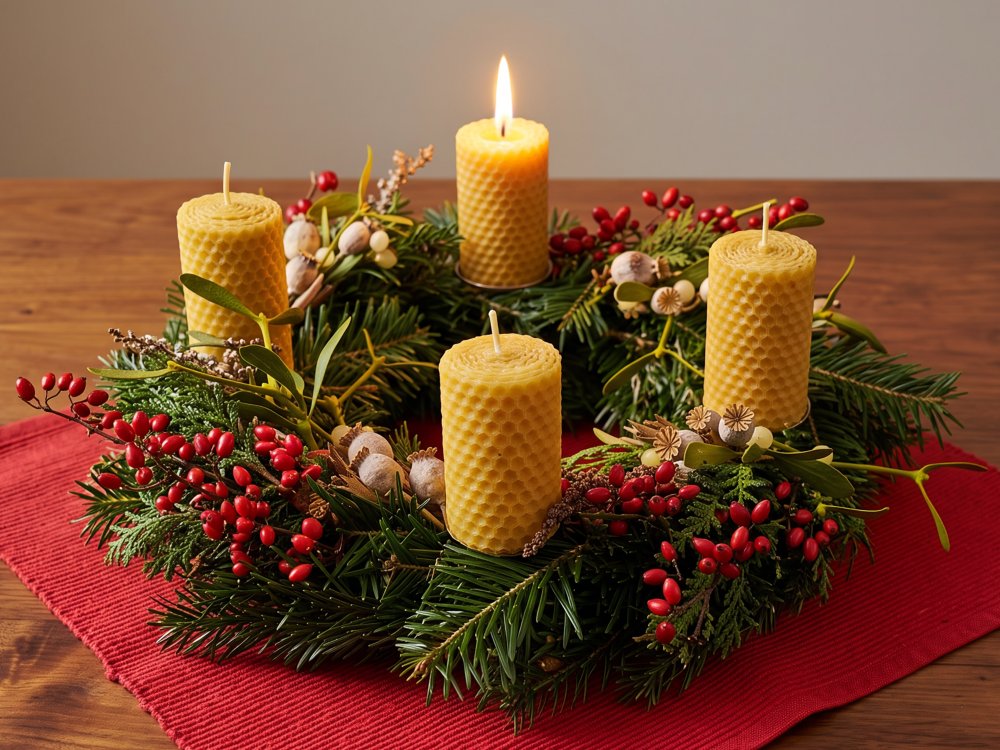 Adventní věnec z chvojí a šípků se čtyřmi motanými svíčkami z včelího vosku, jedna z nich hoří